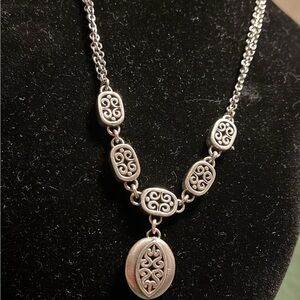 Brighton Necklace Silver Oval Pendant Ornate Scroll Two Strand Retired